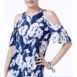INC‎ International Concepts Medium Cold Shoulder Floral Top Blue White